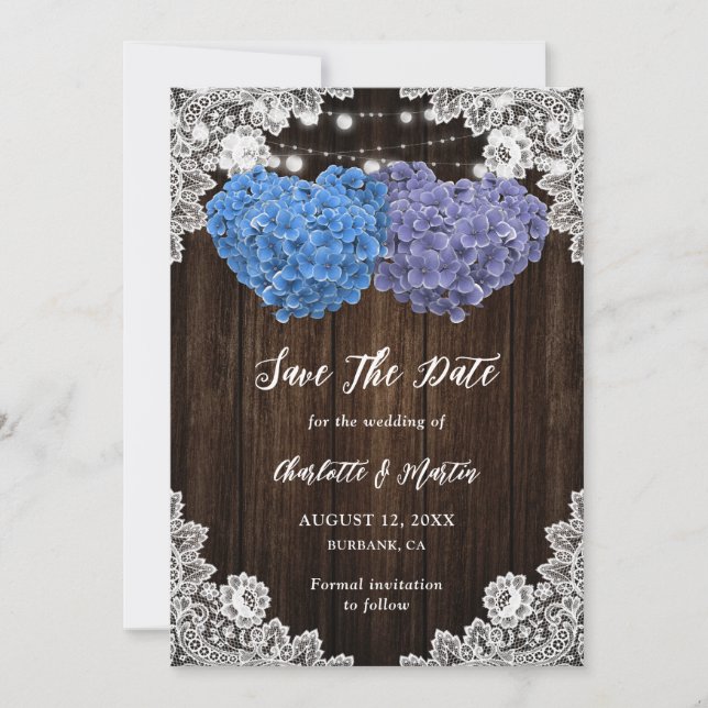 Save The Date Rustic Purple Blue Hydrangea Rustic Wood Wedding (Devant)
