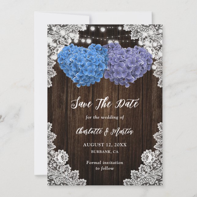 Save The Date Rustic Purple Blue Wood Lights Lace Floral Wedding (Devant)