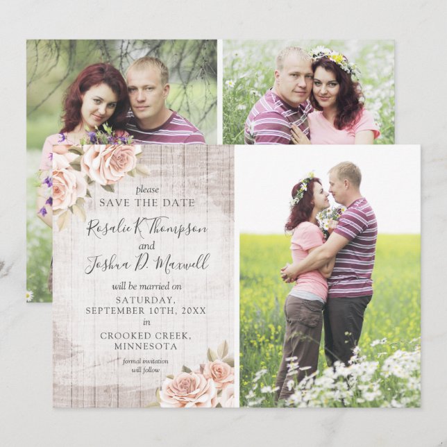 Save The Date Rustic Romantic Roses 4-Photo Card (Front/Back)