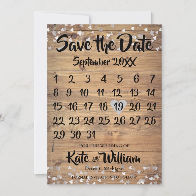 Save The Date Rustic Silver Love Heart Calendrier Enregistrer la (Devant)