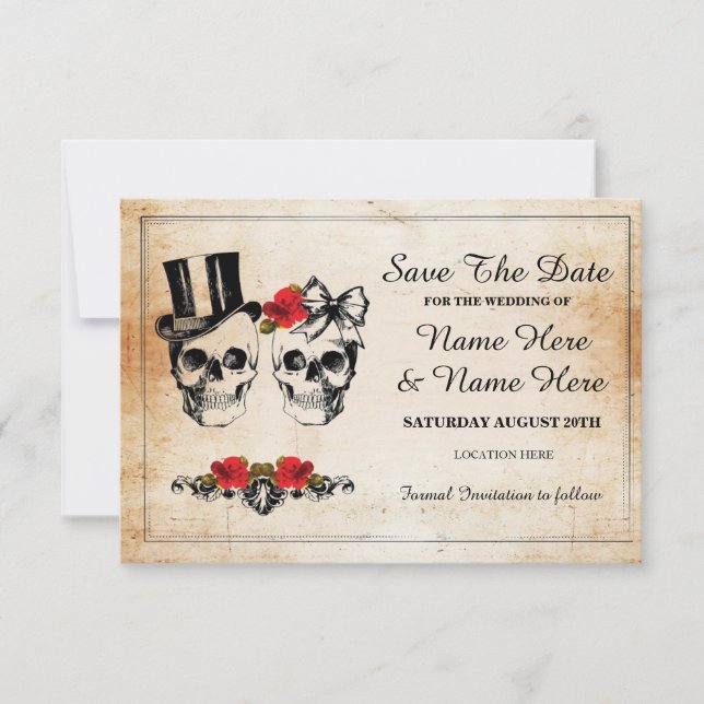 Save The Date Rustic Skulls Roses Card (Front)