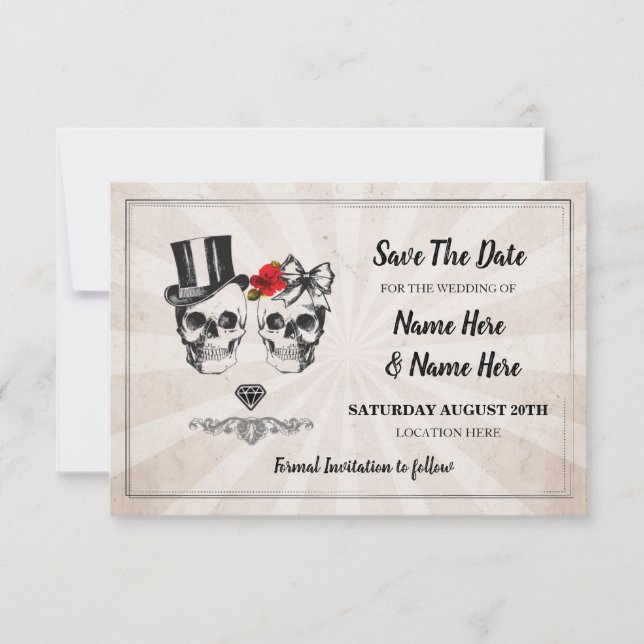 Save The Date Rustic Skulls Roses Card Diamond (Front)