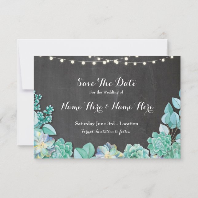 Save The Date Rustic Succulents Mint Chalk Invite (Front)