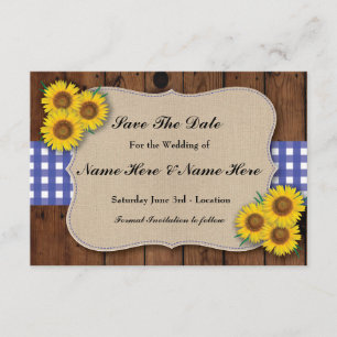 Save The Date Rustic Sunflower Blue Check Card