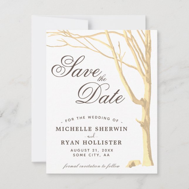 Save The Date Rustic Tree Script Simple White Card (Front)