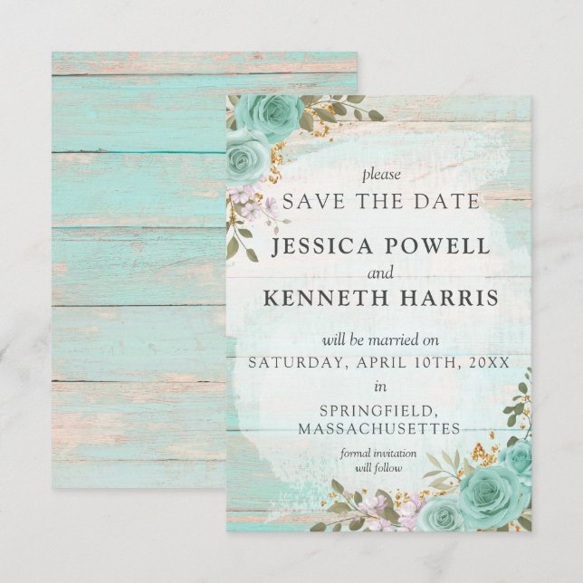 Save The Date Rustic Turquoise Floral Vintage Card (Front/Back)