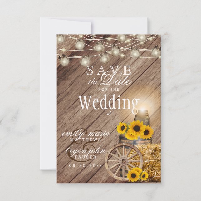 Save the Date Rustic Wood Barrel- Sunflower (Front)