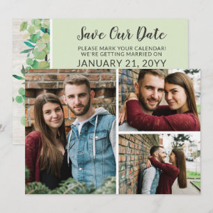 Save The Date Rustic Wood Botanical 3-Photo Card