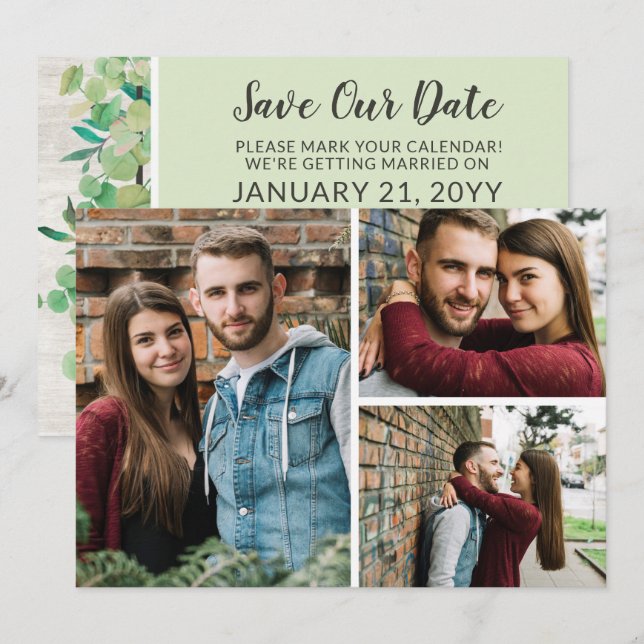 Save The Date Rustic Wood Botanical 3-Photo Card (Front/Back)