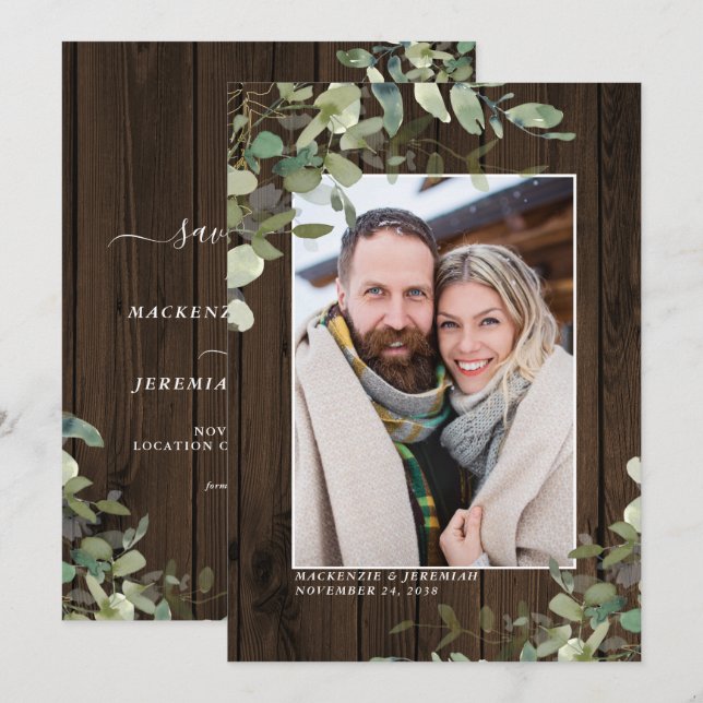 Save The Date Rustic Wood Eucalyptus Mariage Photo Enregistrer l (Devant / Derrière)