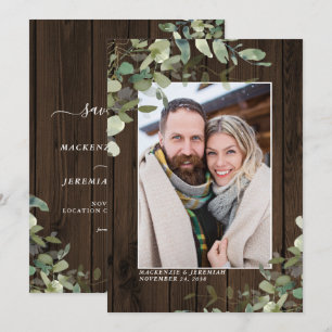 Save The Date Rustic Wood Eucalyptus Mariage Photo Enregistrer l
