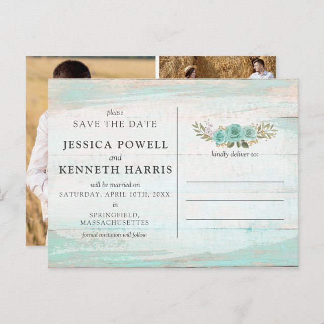 Save The Date Rustic Wood Floral Photo Collage Postcard (Front/Back)