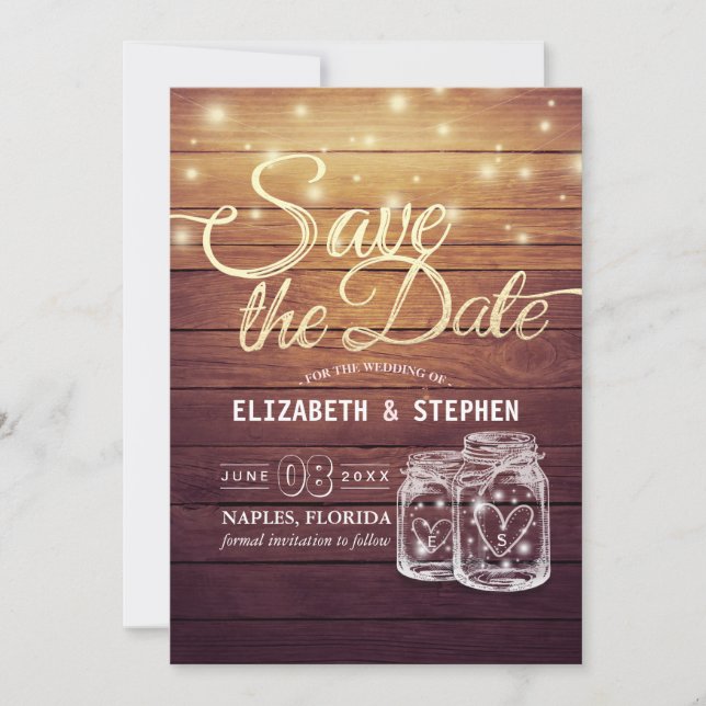 Save The Date Rustic Wood Mason Jar String Lights (Front)