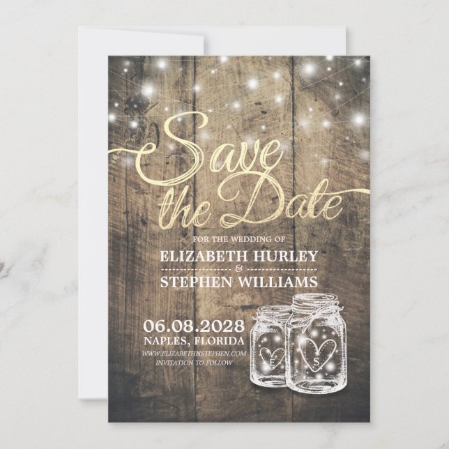 Save The Date Rustic Wood Mason Jar String Lights (Front)