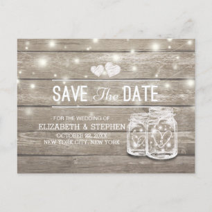 Save The Date Rustic Wood Mason Jar String Lights Announcement Postcard