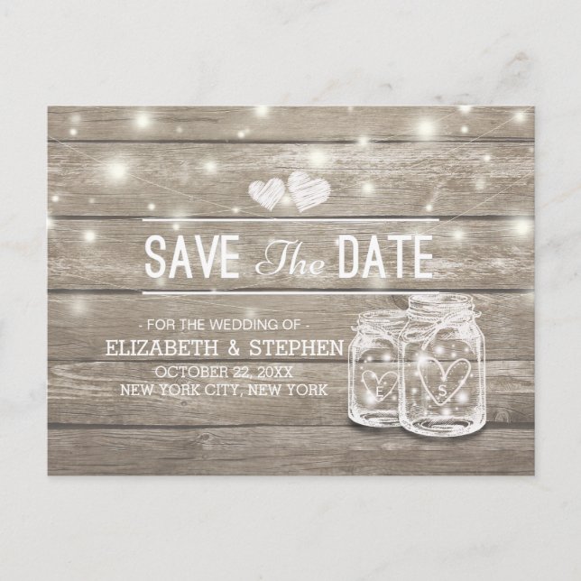 Save The Date Rustic Wood Mason Jar String Lights Announcement Postcard (Front)