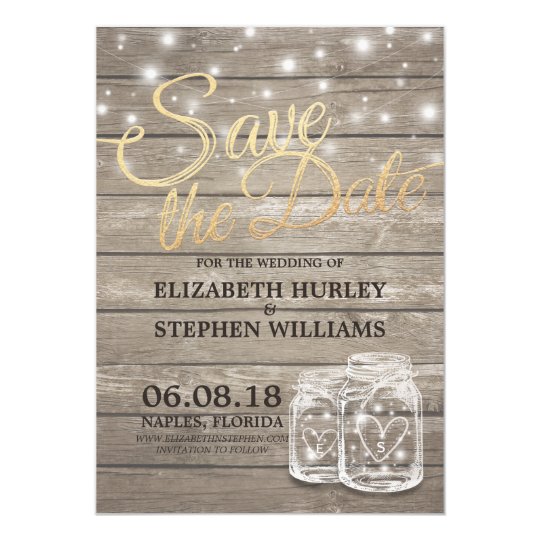 Save The Date Rustic Wood Mason Jar String Lights Card