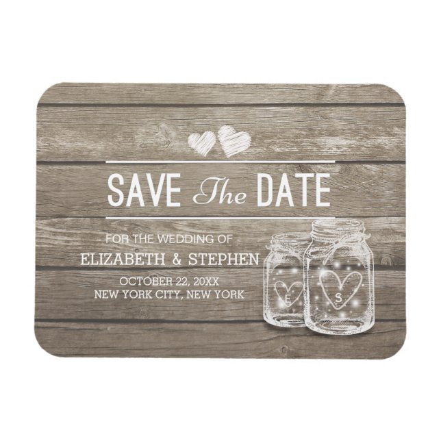 Save The Date Rustic Wood Mason Jar String Lights Magnet (Horizontal)
