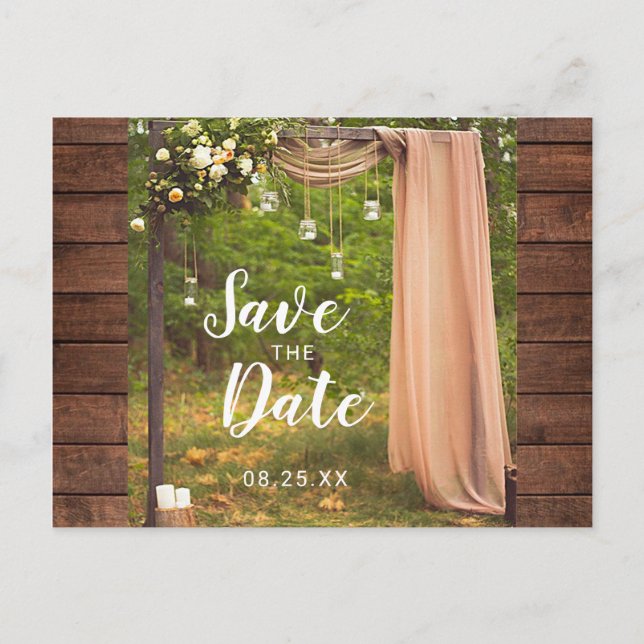 Save the Date Rustic Wood Peach Mason Jar Wedding Announcement Postcard (Front)