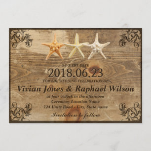 Save The Date Rustic Wood & Starfish Beach Wedding Enregistrer L