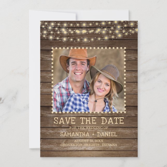 Save the Date Rustic Wood String Lights Photo (Front)