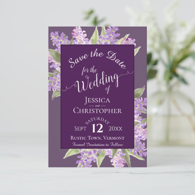 Save The Date Rustique Aquarelle Lilacs Calligraphie Plum Mariag (Debout devant)