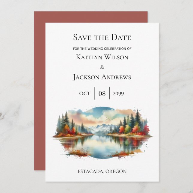Save The Date Rustique Autumn Lakeside Mariage forestier (Devant / Derrière)
