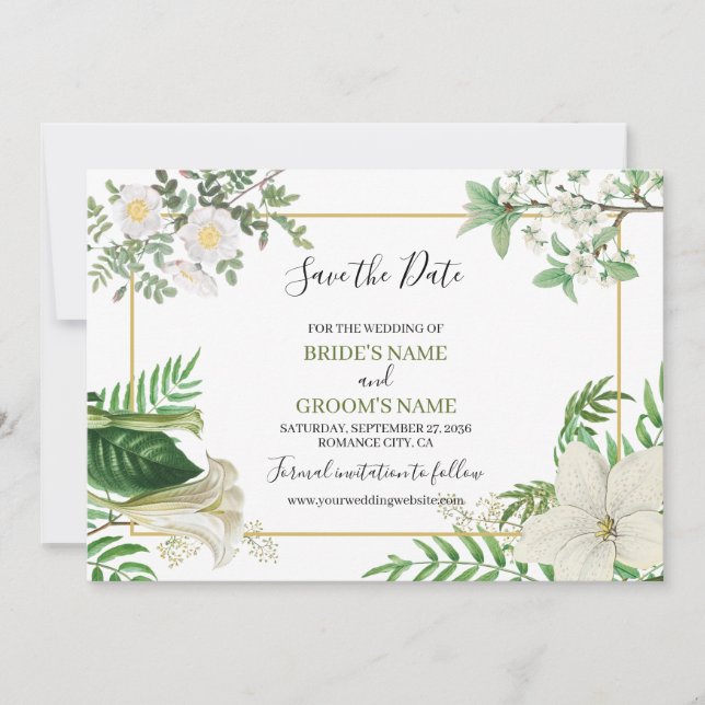 Save The Date Rustique blanc vert aquarelle Mariage or Floral (Devant)