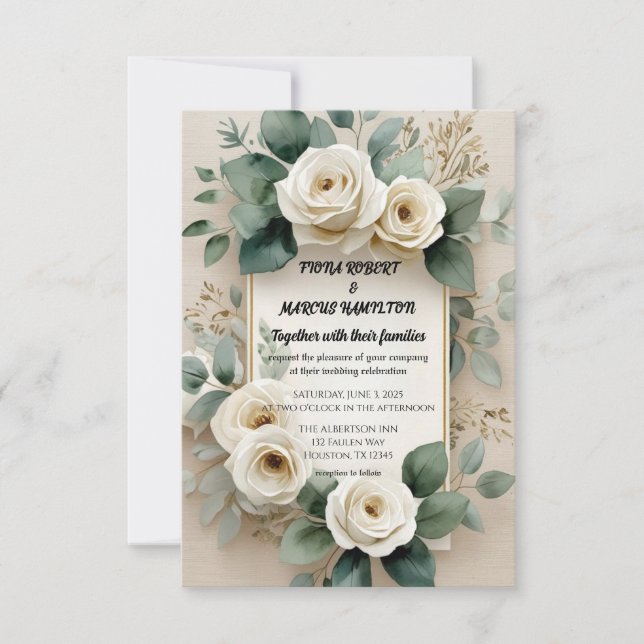 Save The Date Rustique Boho Floral Roses Blanches & Lin Beige (Devant)