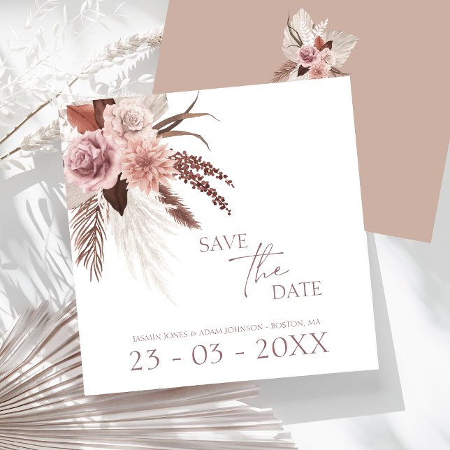 Save The Date Rustique Boho Pampas Grass Mariage en terre cuite (Boho Dusty Pink Dried Flowers Pampas Grass Wedding Save The Date)