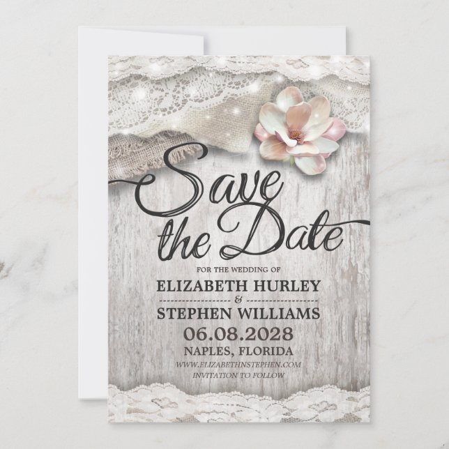 Save The Date Rustique Bois Burlap Dentelle Grange Mariage Enreg (Devant)