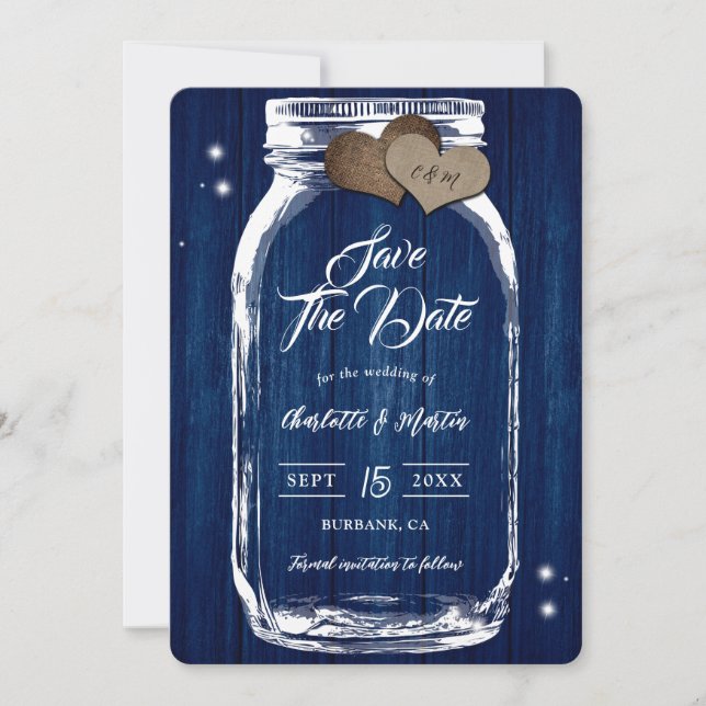 Save The Date Rustique Bois Mason Jar Mariage bleu marine (Devant)