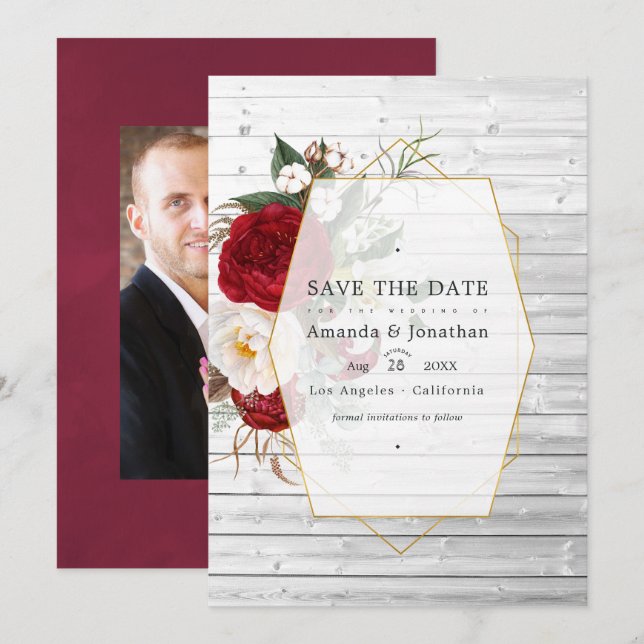 Save The Date Rustique Bourgogne et blanc Mariage géométrique Fl (Devant / Derrière)
