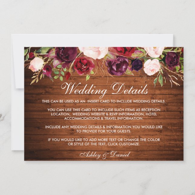 Save The Date Rustique Bourgogne Floral Bois Mariage Détails Car (Devant)