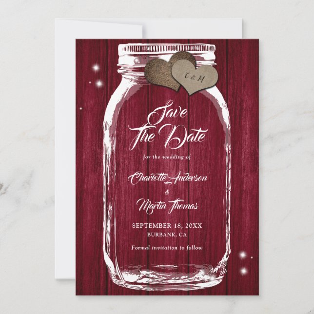 Save The Date Rustique Bourgogne Mason Jar Mariage Enregistrer L (Devant)