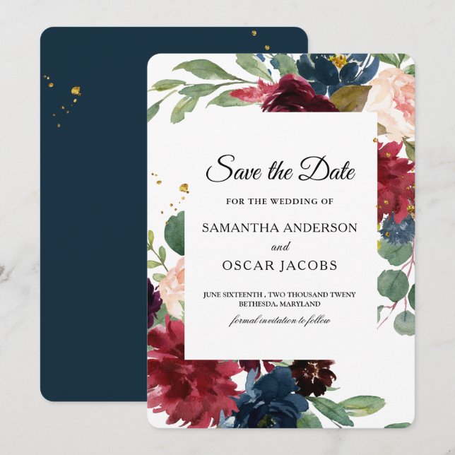 Save The Date Rustique Bourgogne & Navy Floral (Devant / Derrière)