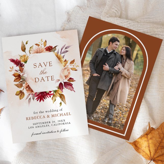 Save The Date Rustique Bourgogne Terracotta Floral Mariage Photo (Créateur téléchargé)