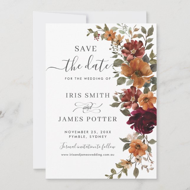 Save The Date Rustique Chic Bourgogne Brûlé Orange Floral Mariag (Devant)