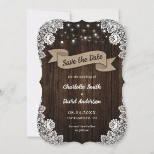 Save The Date Rustique Chic Mariage de dentelle en bois Burlap