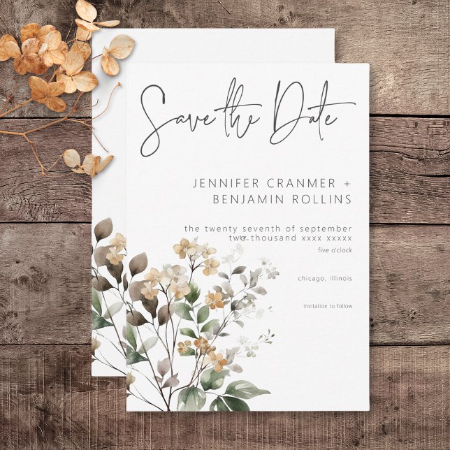 Save The Date Rustique Delicate Tan Fall Fleur sauvage Mariage (Rustic Delicate Tan Fall Wildflowers Wedding Save the Date Card)