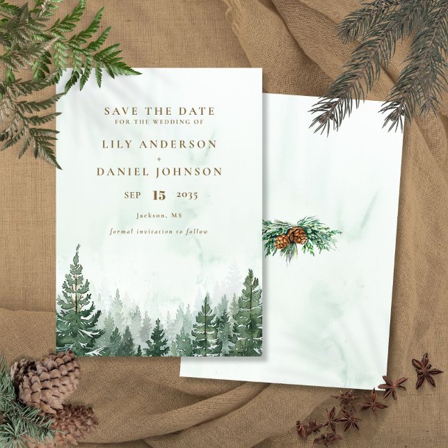 Save The Date Rustique Elégant Aquarelle Pine Tree Mariage (Rustic Elegant Watercolor Pine Tree Forest Wedding Save The Date)