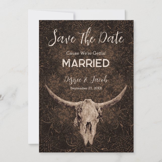 Save The Date Rustique Élégant crâne Brown Western Bull (Devant)