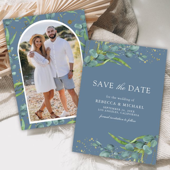 Save The Date Rustique Eucalyptus Photo Dusty Mariage bleu (Créateur téléchargé)