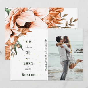 Save The Date Rustique Floral Terracotta Photo Or Élégant Chic