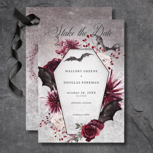 Save The Date Rustique gothique Noir & Bourgogne Mariage d'Hallo (Rustic Gothic black & Burgundy Halloween Wedding Save the Date)