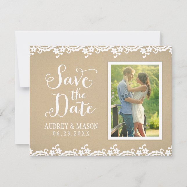 Save The Date Rustique Kraft et dentelle photo Mariage (Devant)