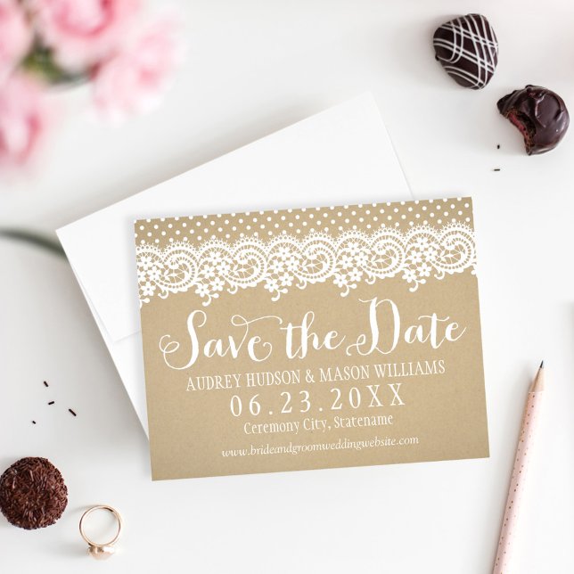 Save The Date Rustique Kraft et Mariage de dentelle (Créateur téléchargé)
