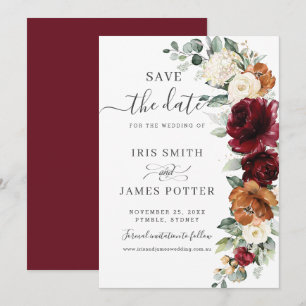 Save The Date Rustique mariage floral Bourgogne Brûlé Orange Ivo