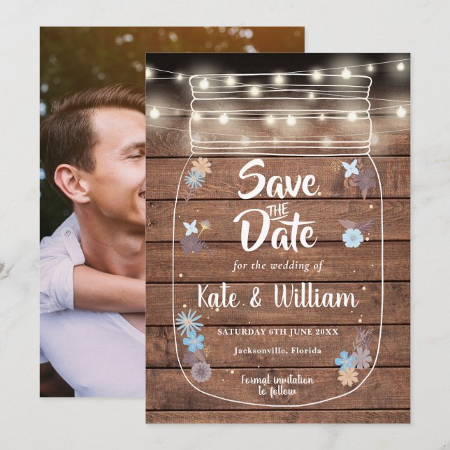 Save The Date Rustique Mason Jar String éclaire la photo florale (Devant / Derrière)