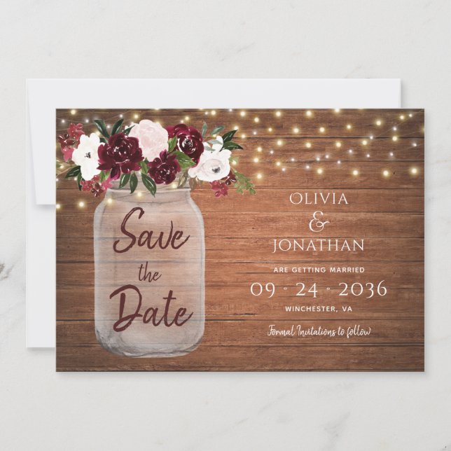 Save The Date Rustique Mason Jar String éclat Floral Bourgogne (Devant)